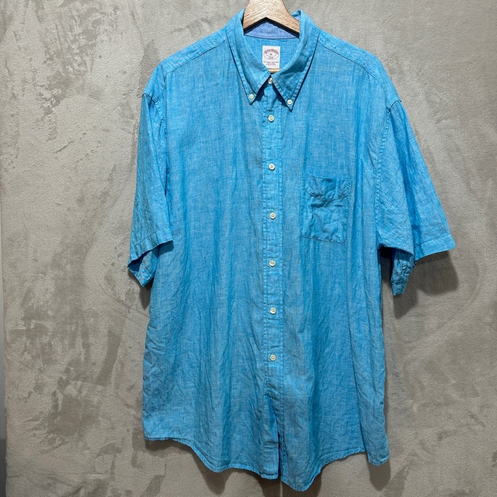 Brooks Brothers 346 Mens XL‎ Blue 100% Linen Short Sleeve Button Down Shirt